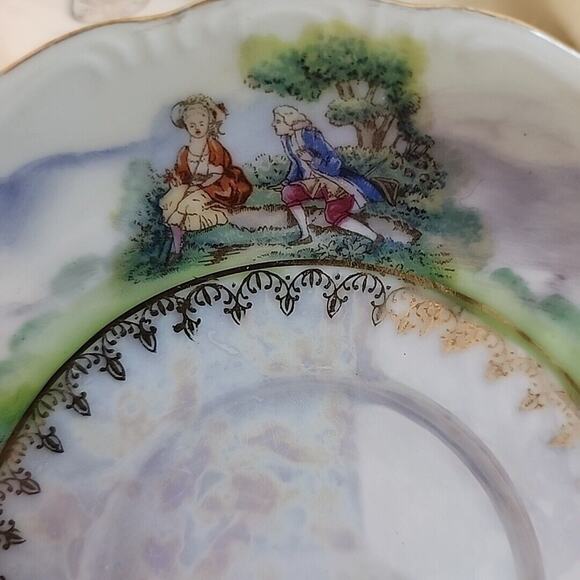 VTG Del Mar Japan Lustreware  Cup and Saucer Footed 24K Gold Trim Pastoral scene - Picture 7 of 14